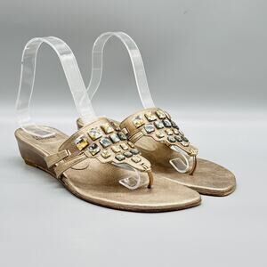Stuart Weitzman Sandals Womens 7.5 Gold Leather Rhinestone Thong Wedge Shoes